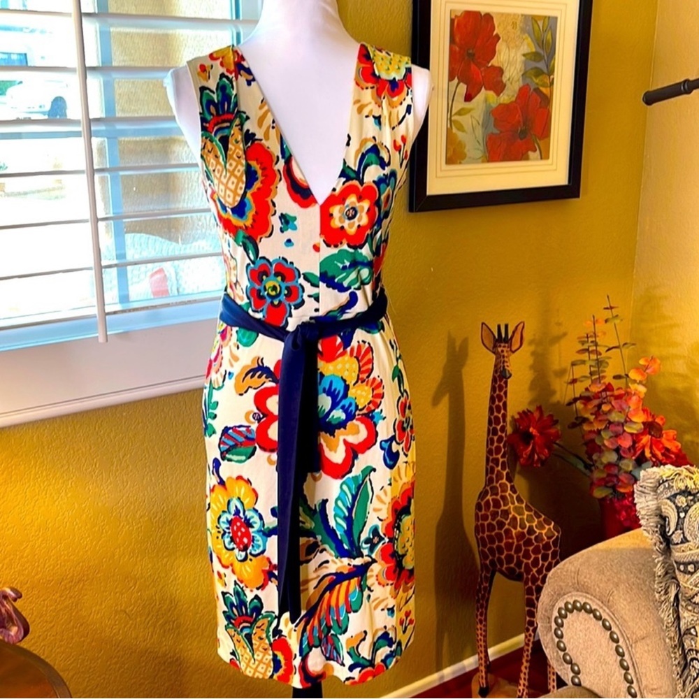Tory Burch Cream Floral V-Neck Midi Dress with Navy Belt